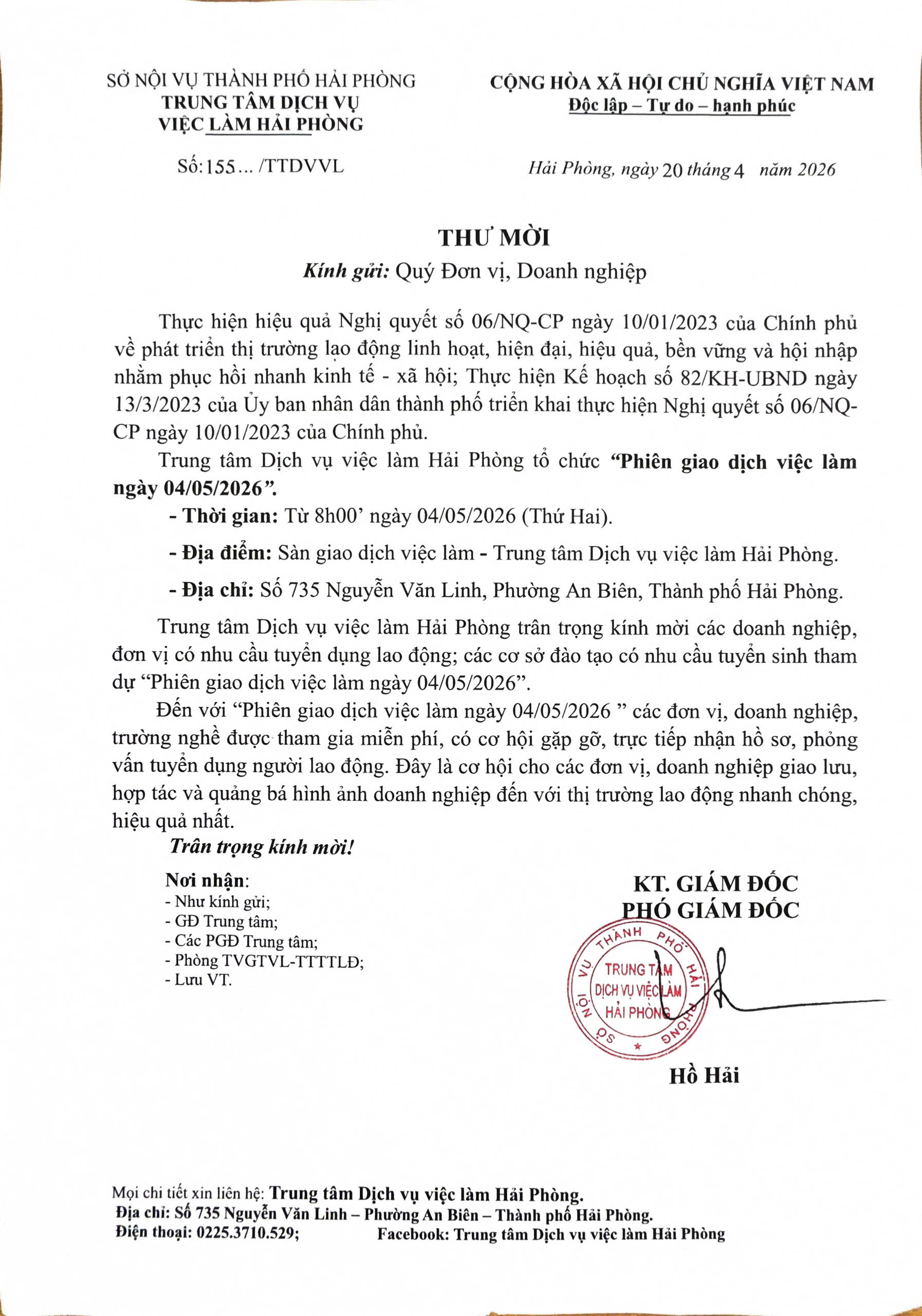 [THÔNG BÁO] MỜI DOANH NGHIỆP, ĐƠN VỊ THAM GIA PHIÊN GIAO DỊCH VIỆC LÀM ĐỊNH KỲ NGÀY 04/05/2026