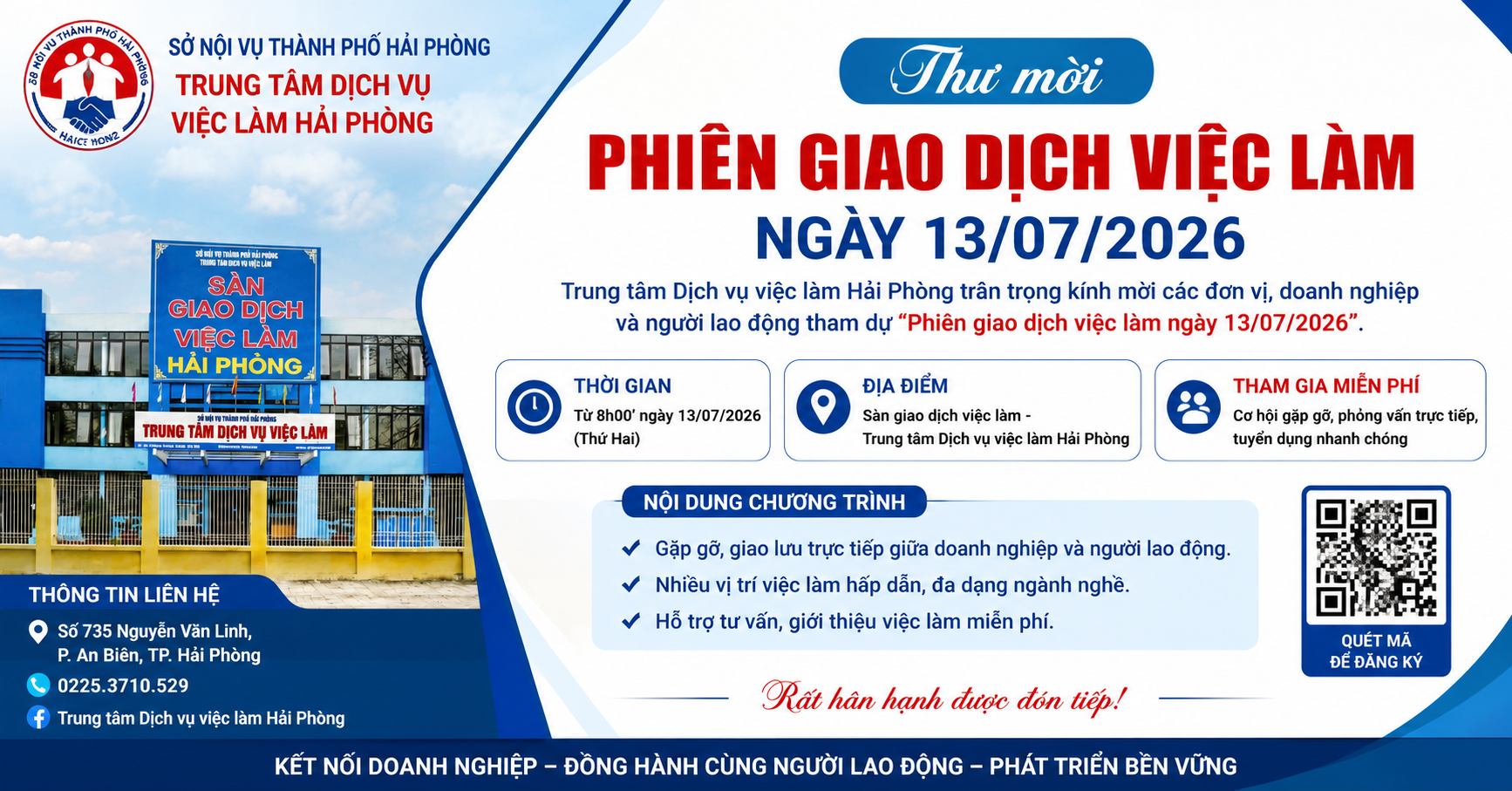 THÔNG BÁO MỜI DOANH NGHIỆP, ĐƠN VỊ THAM GIA PHIÊN GIAO DỊCH VIỆC LÀM ĐỊNH KỲ NGÀY 13/07/2026