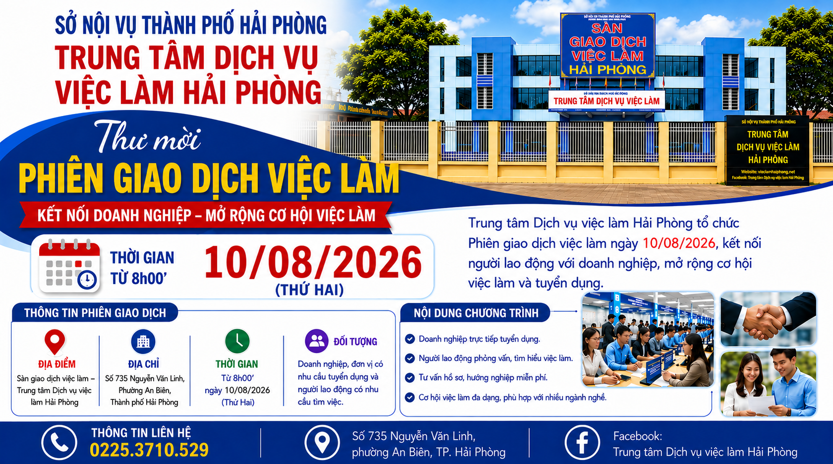 THÔNG BÁO MỜI DOANH NGHIỆP, ĐƠN VỊ THAM GIA PHIÊN GIAO DỊCH VIỆC LÀM ĐỊNH KỲ NGÀY 10/08/2026