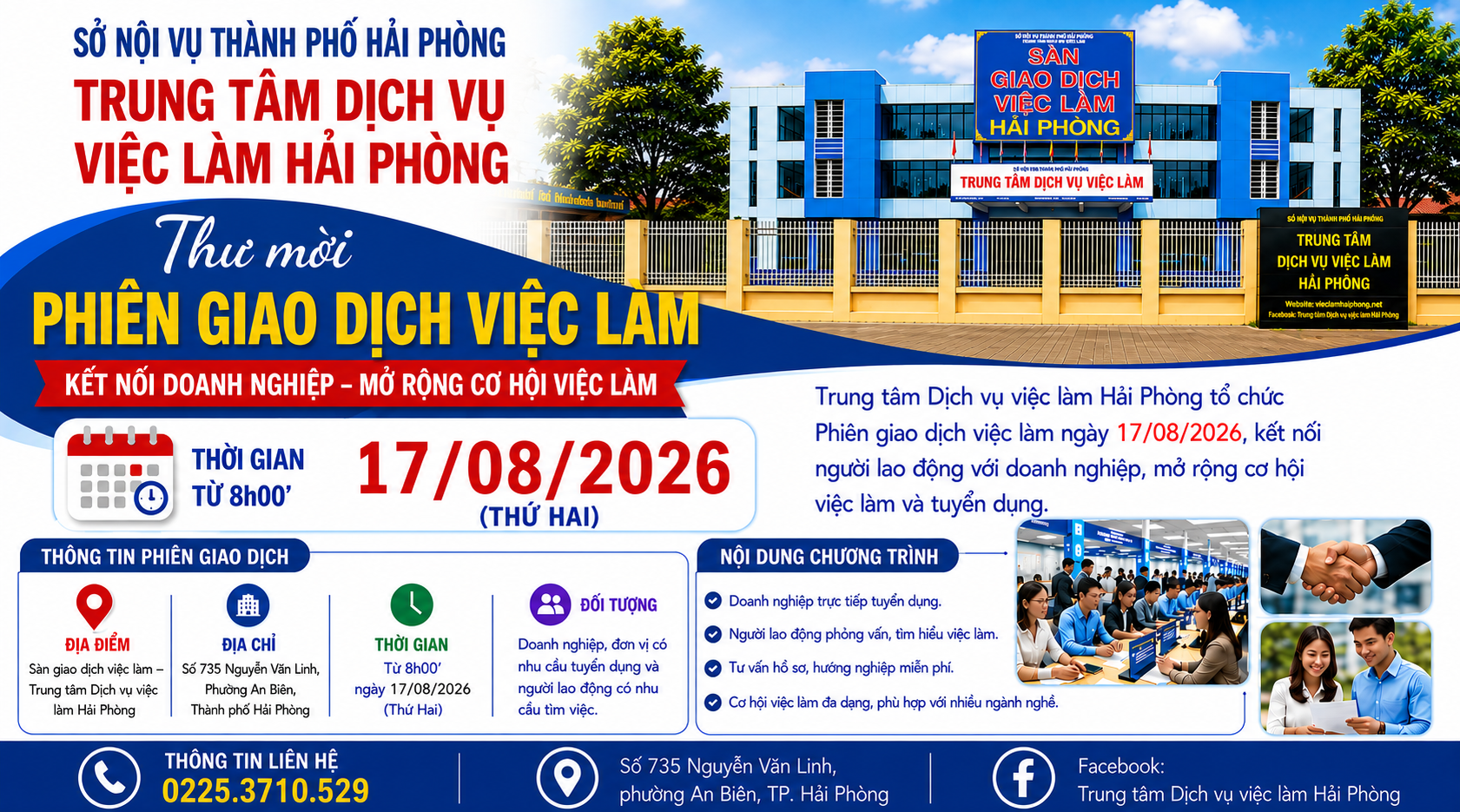 THÔNG BÁO MỜI DOANH NGHIỆP, ĐƠN VỊ THAM GIA PHIÊN GIAO DỊCH VIỆC LÀM ĐỊNH KỲ NGÀY 17/08/2026