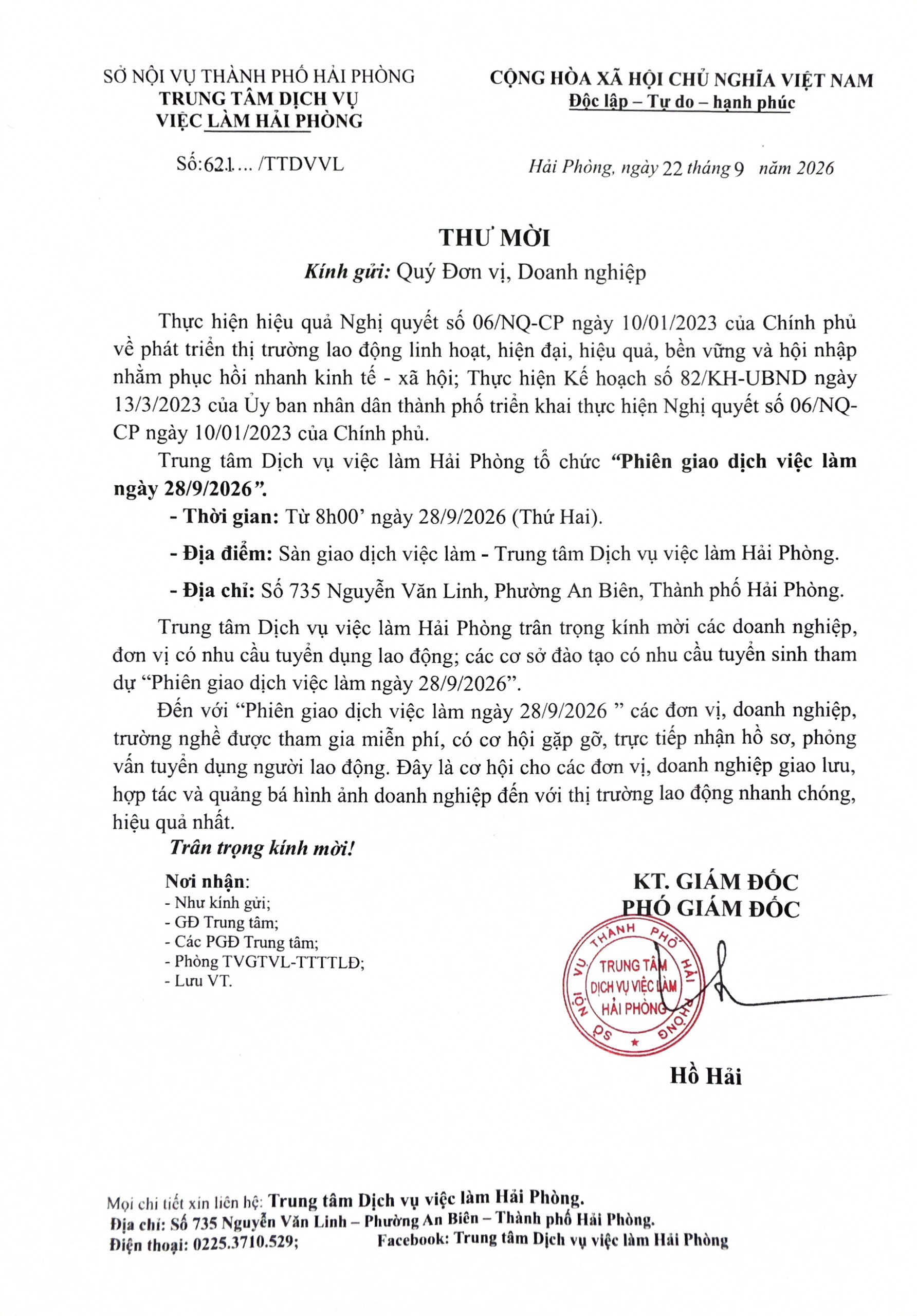 THÔNG BÁO MỜI DOANH NGHIỆP, ĐƠN VỊ THAM GIA PHIÊN GIAO DỊCH VIỆC LÀM ĐỊNH KỲ NGÀY 28/09/2026