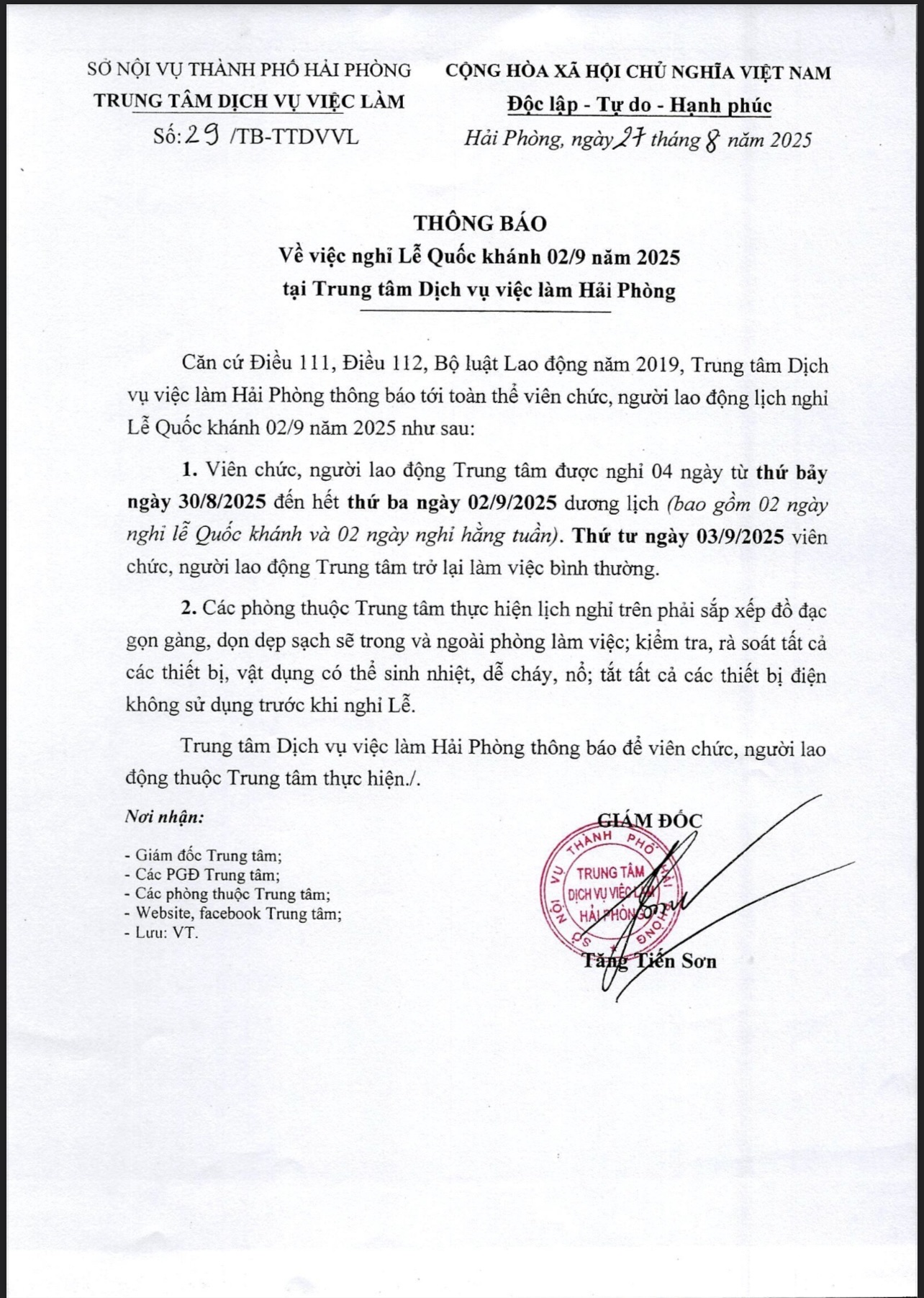 TRUNG TÂM DỊCH VỤ VIỆC LÀM HẢI PHÒNG THÔNG BÁO LỊCH NGHỈ LỄ QUỐC KHÁNH 02.09.2025