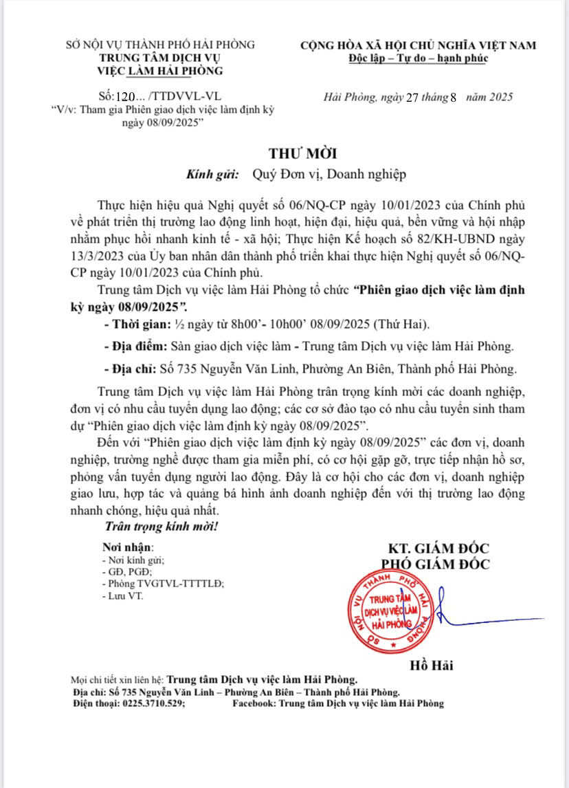 [THÔNG BÁO] MỜI DOANH NGHIỆP, ĐƠN VỊ THAM GIA PHIÊN GIAO DỊCH VIỆC LÀM ĐỊNH KỲ NGÀY 08/09/2025
